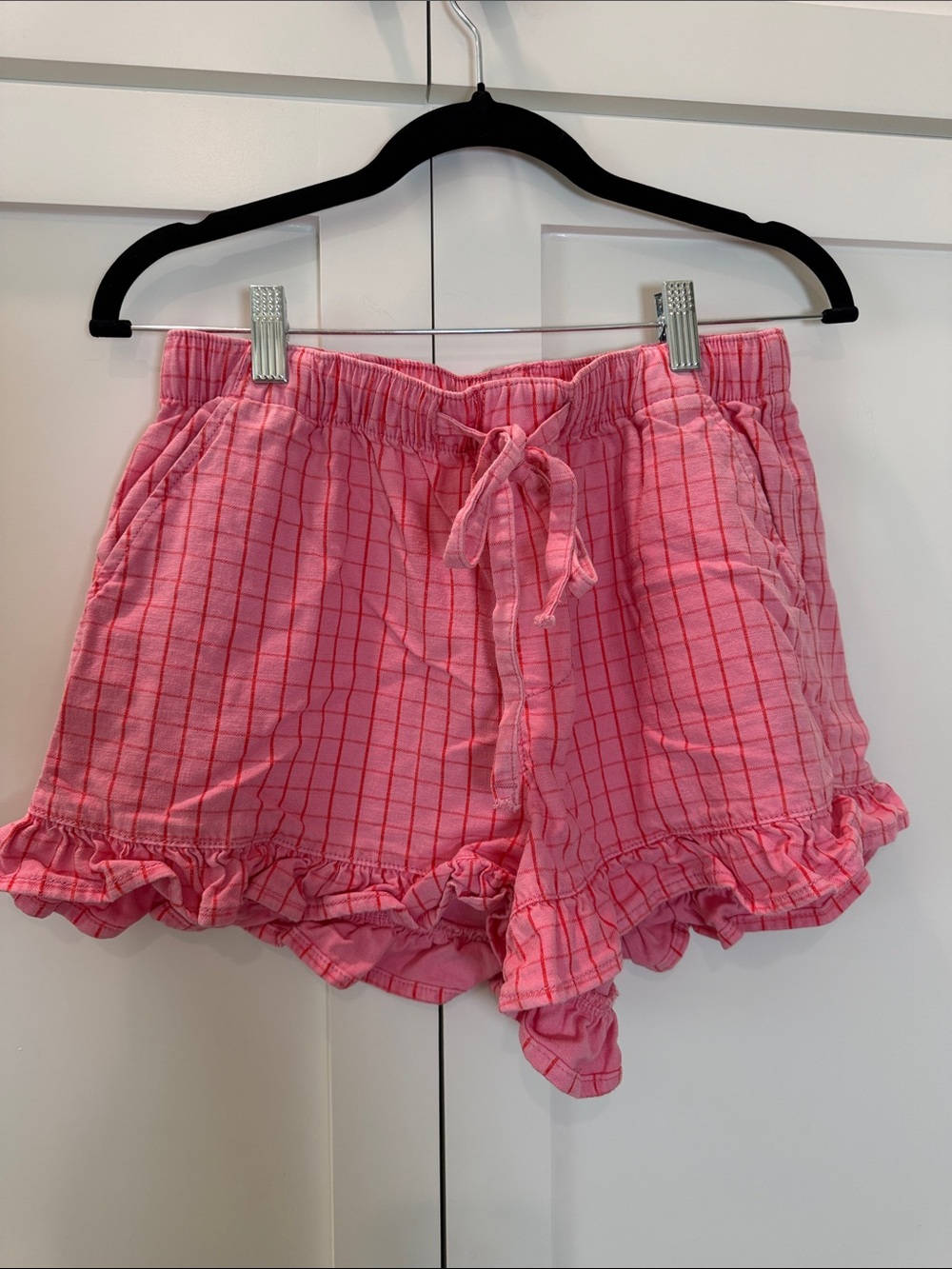 Buckle Pink Checked Ruffle Waist Shorts